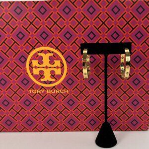 Tory Burch Icon Pierced T Logo Gold Hoop Earrings NWOT